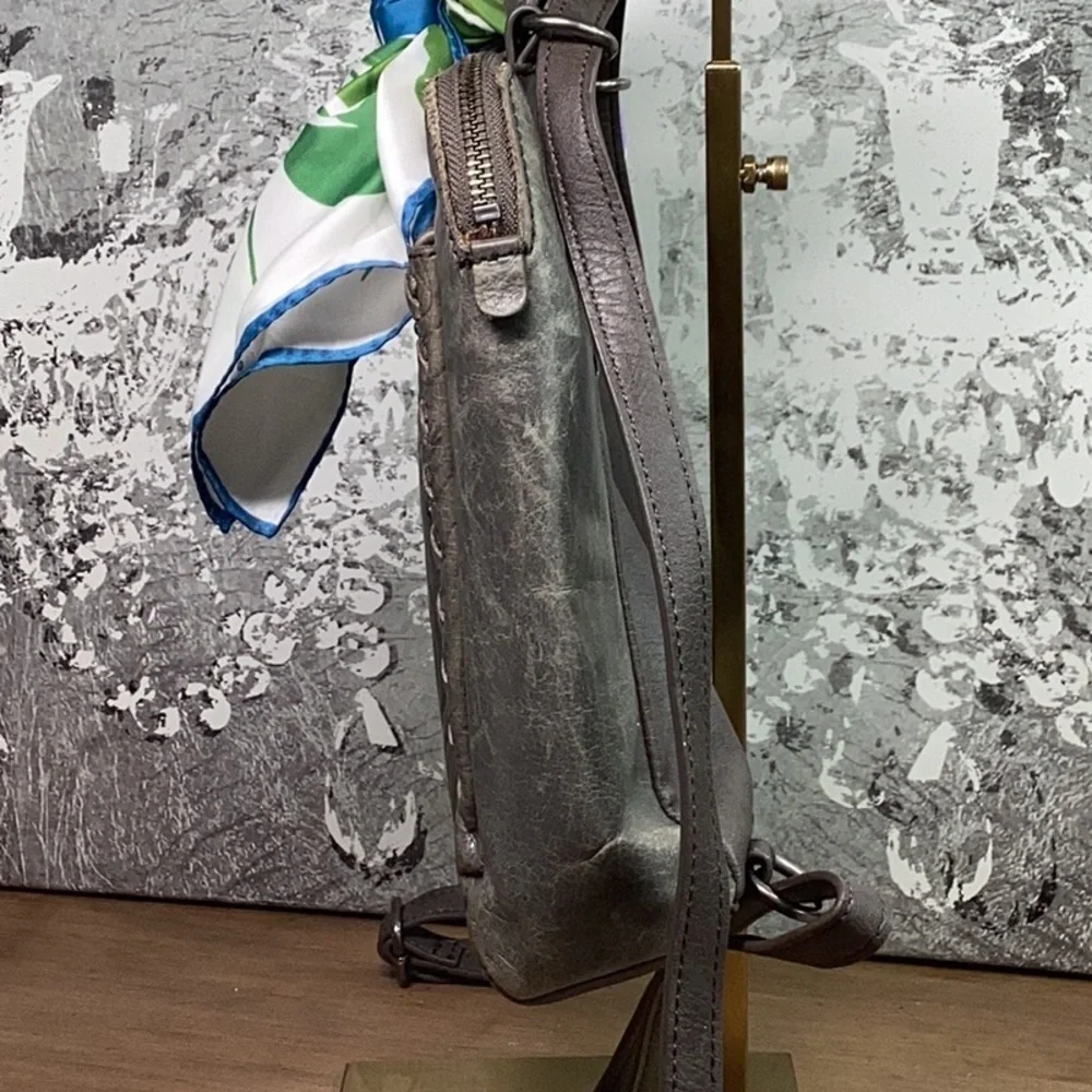 The Sak Leather Gray/ Green Embossed Leather Backpack